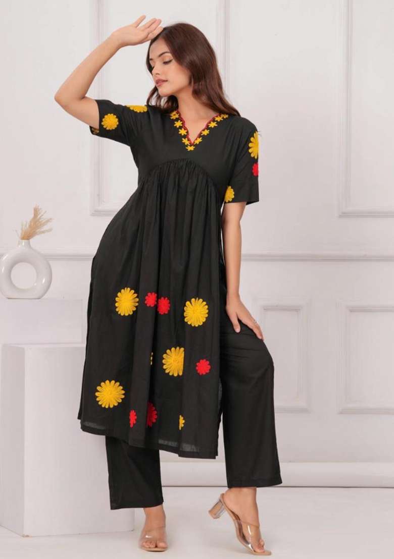 Black Embroidered Cotton Kurta Set - Indya