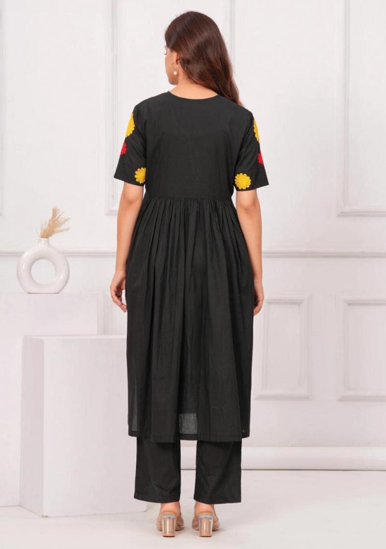 Black Embroidered Cotton Kurta Set - Indya