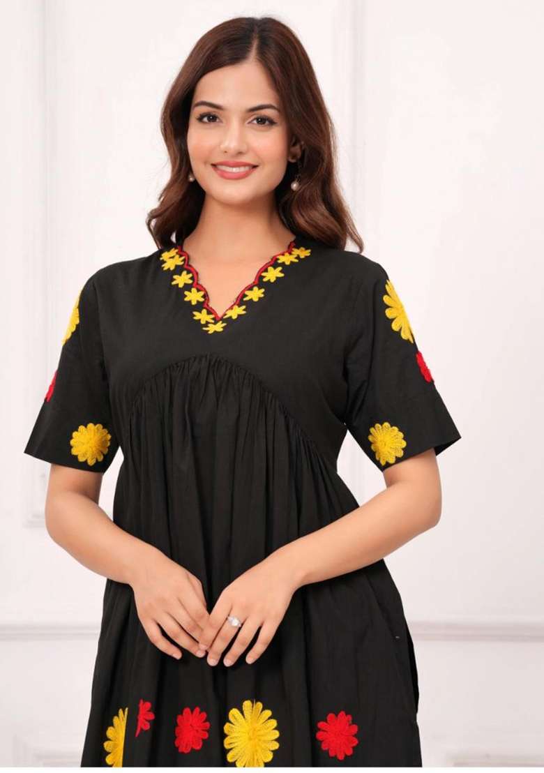 Black Embroidered Cotton Kurta Set - Indya