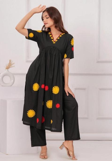 Black Embroidered Cotton Kurta Set