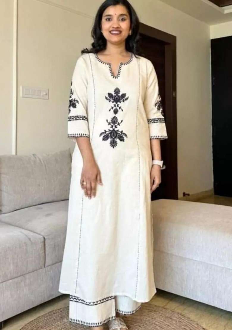 Off-White Embroidered Cotton Kurta Set - Indya