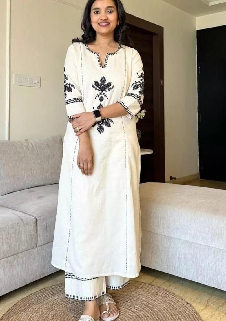 Off-White Embroidered Cotton Kurta Set - Indya