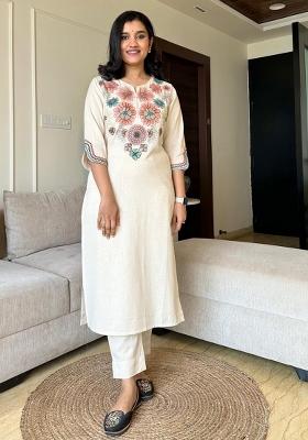 White Embroidered Cotton Kurta Set