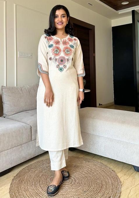 White Embroidered Cotton Kurta Set