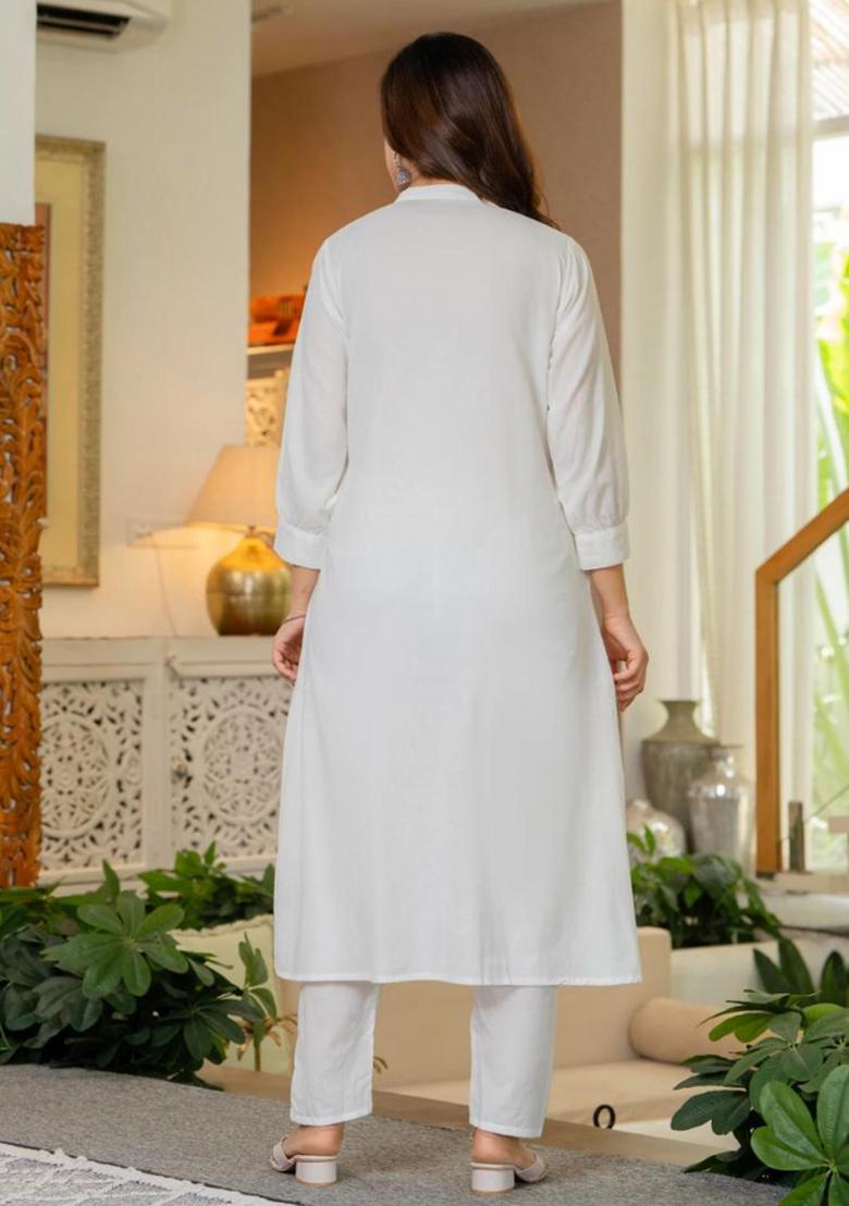White Embroidered Cotton Kurta Set - Indya