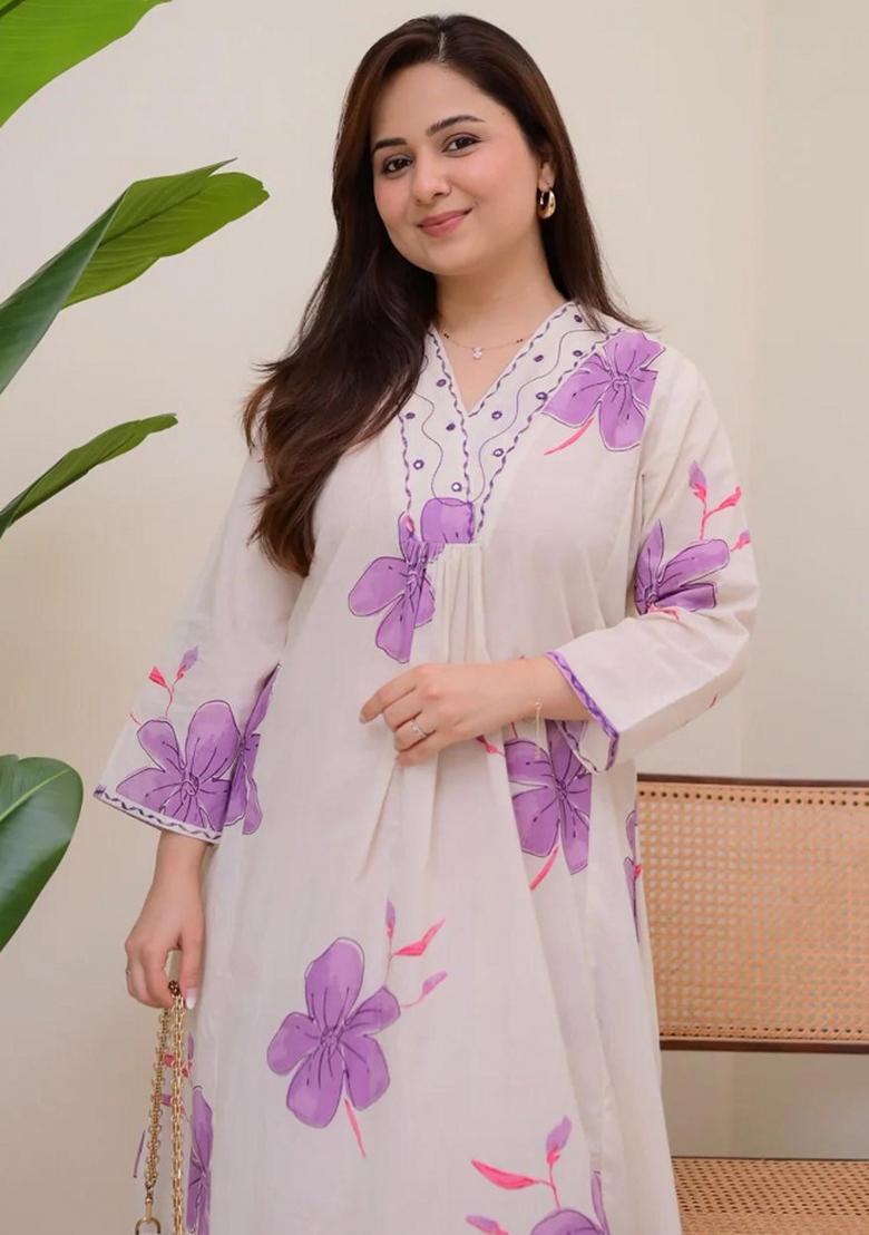 White Printed Cotton Kurta Set - Indya