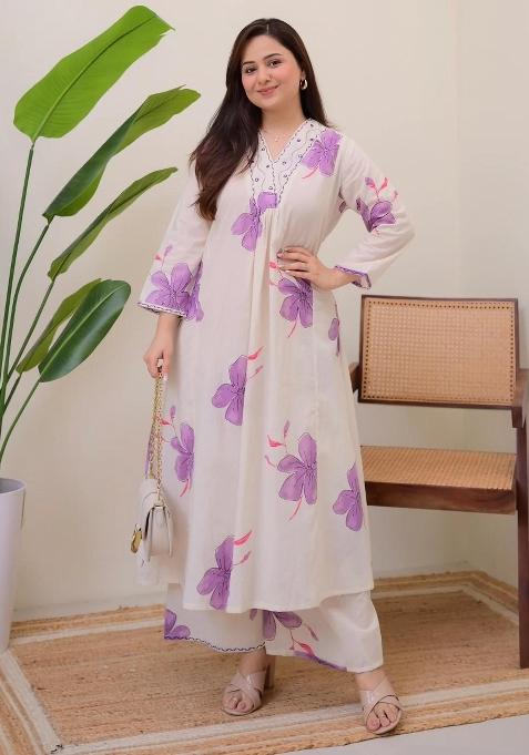 White Printed Cotton Kurta Set