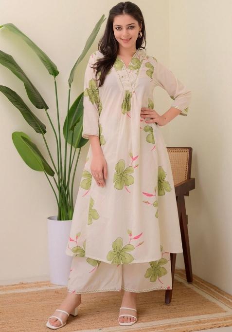 White Printed Cotton Kurta Set