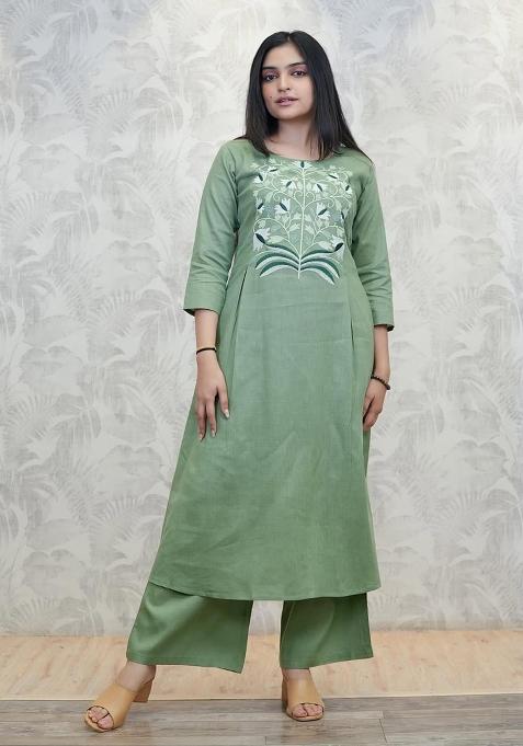 Green Embroidered Cotton Kurta Set