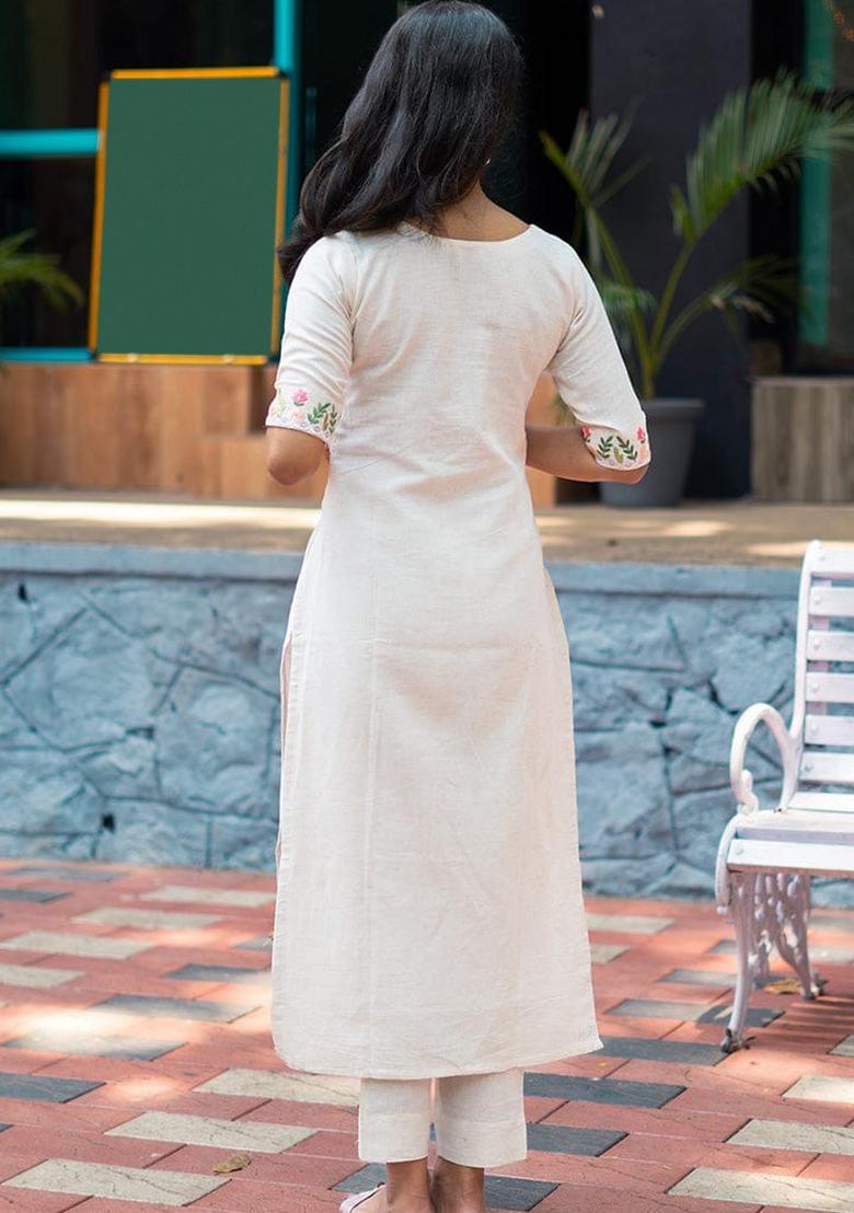 White Embroidered Cotton Kurta Set - Indya