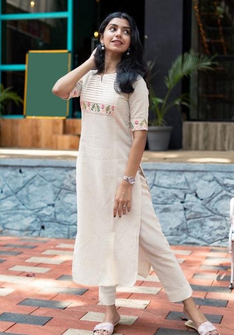 White Embroidered Cotton Kurta Set