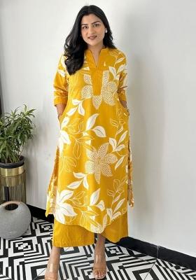 Yellow Printed Cotton Kurta Set