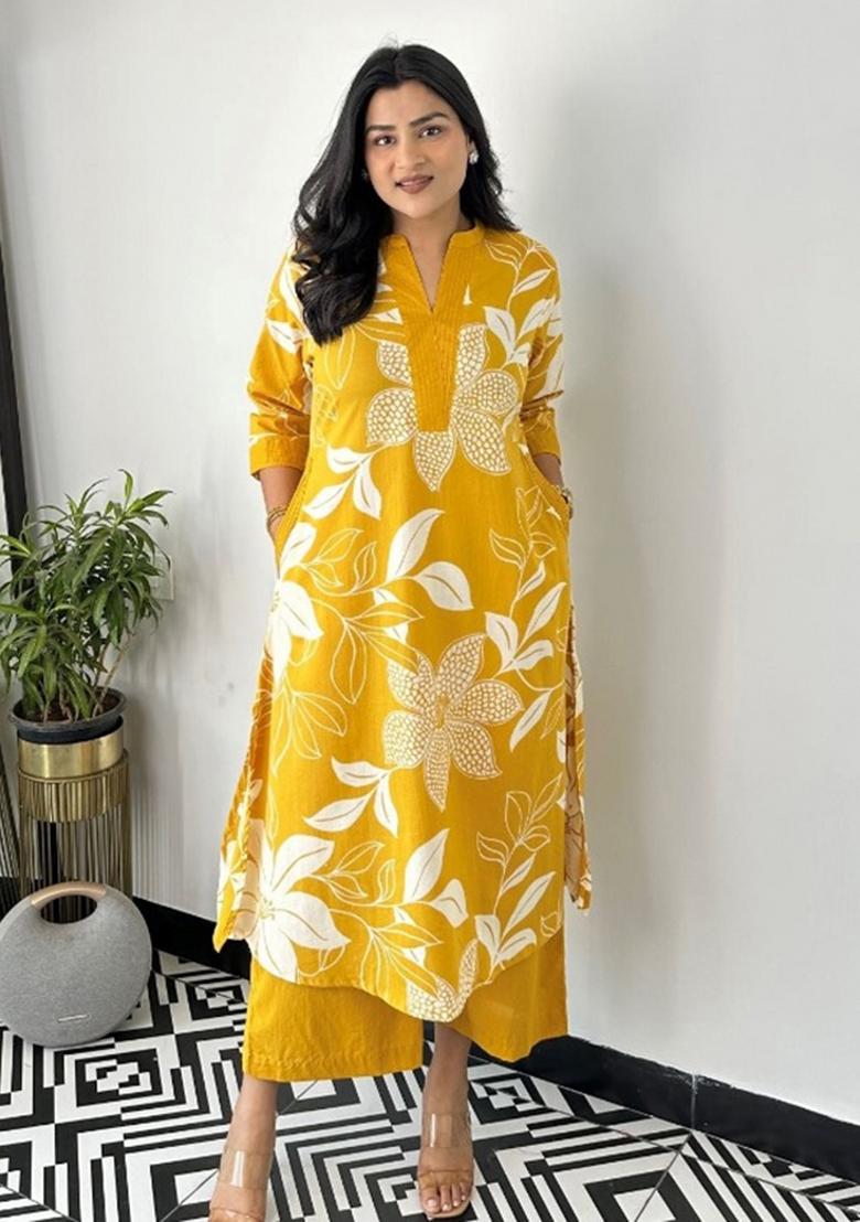 Yellow Printed Cotton Kurta Set - Indya