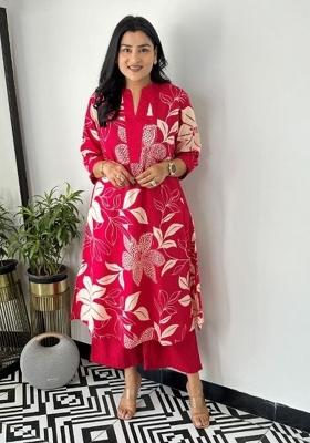 Red Printed Cotton Kurta Set