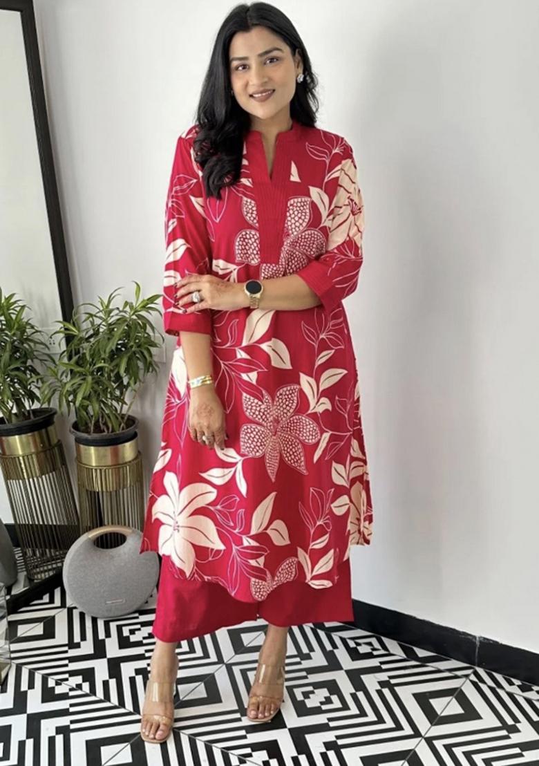 Red Printed Cotton Kurta Set - Indya