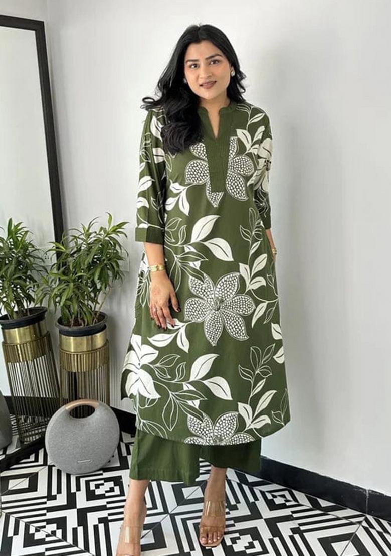 Green Printed Cotton Kurta Set - Indya