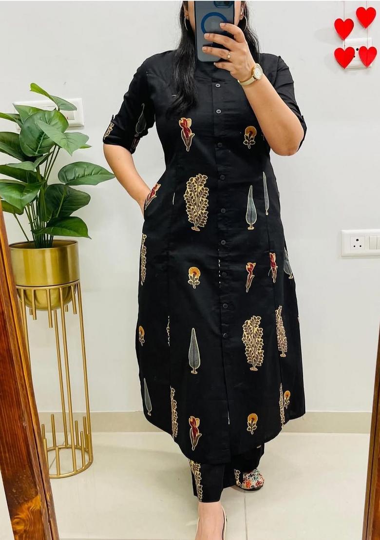 Black Printed Cotton Kurta Set - Indya