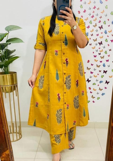 Yellow Printed Cotton Kurta Set