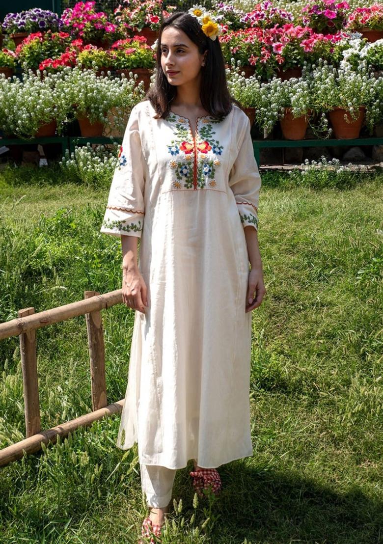 White Embroidered Cotton Kurta Set - Indya
