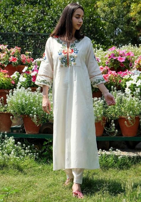 White Embroidered Cotton Kurta Set