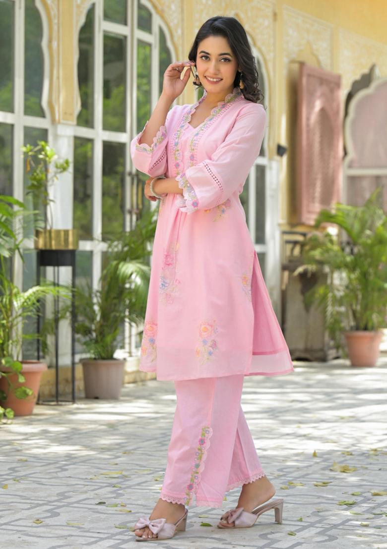 Pink Embroidered Cotton Kurta Set - Indya