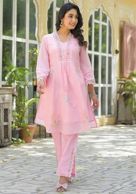 Pink Embroidered Cotton Kurta Set