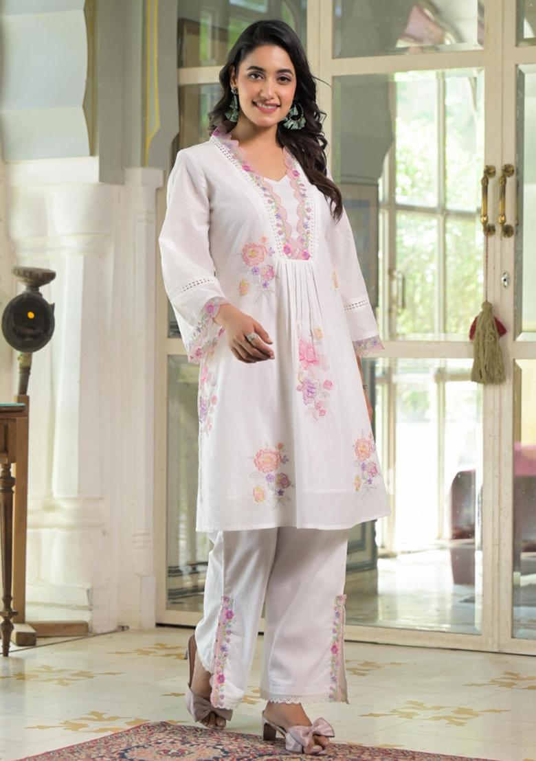 White Embroidered Cotton Kurta Set - Indya