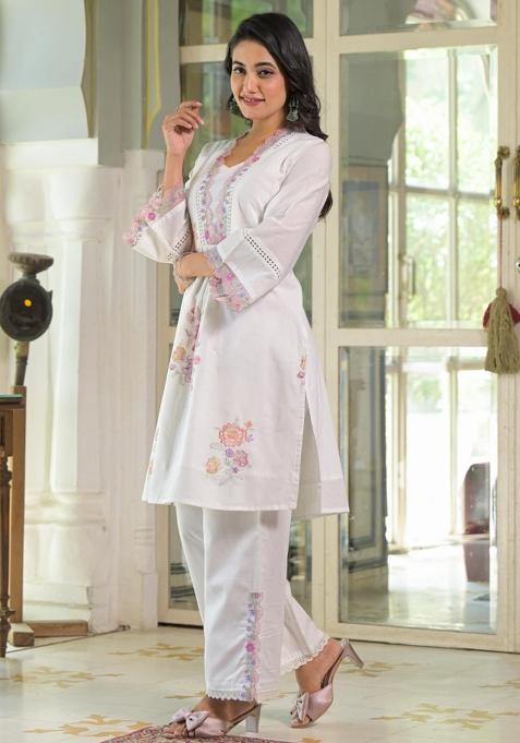 White Embroidered Cotton Kurta Set