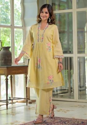 Yellow Embroidered Cotton Kurta Set