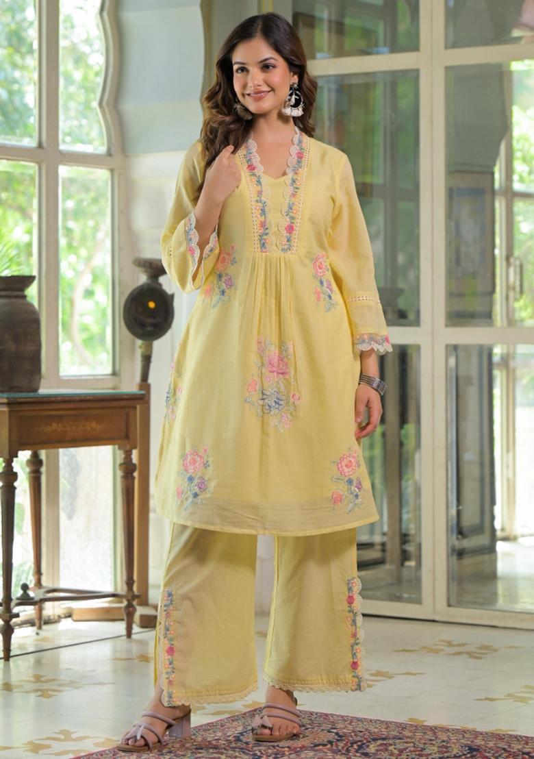 Yellow Embroidered Cotton Kurta Set - Indya