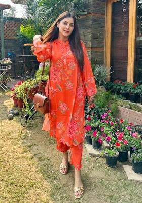 Orange Printed Silk Kurta Set