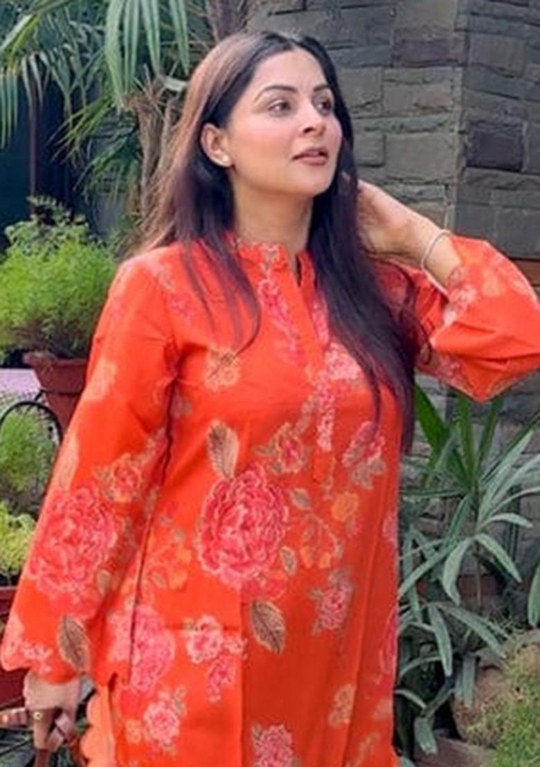 Orange Printed Silk Kurta Set - Indya