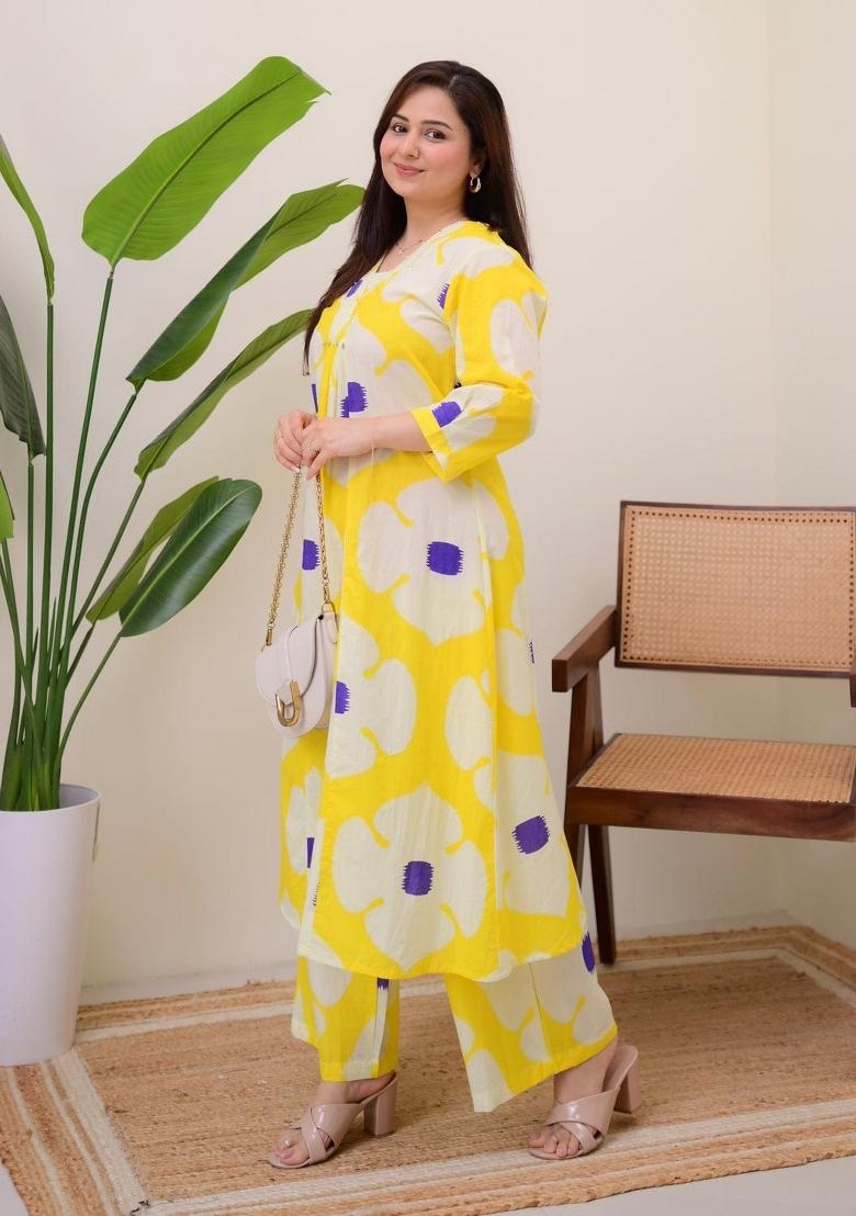 Yellow Printed Cotton Kurta Set - Indya