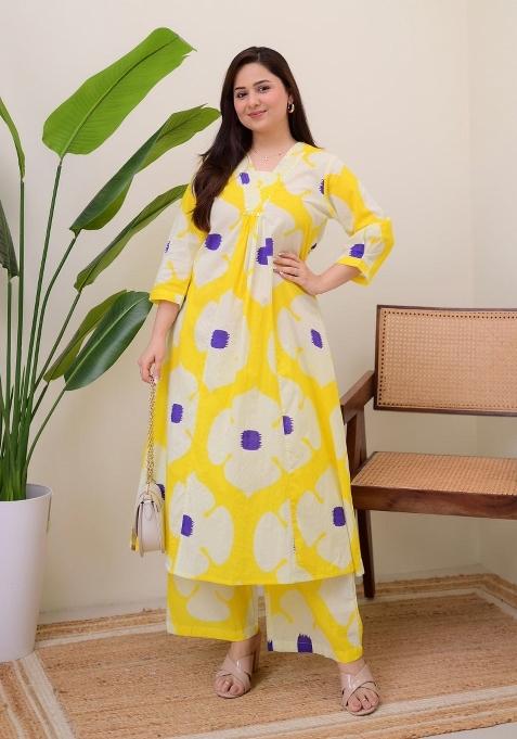 Yellow Printed Cotton Kurta Set