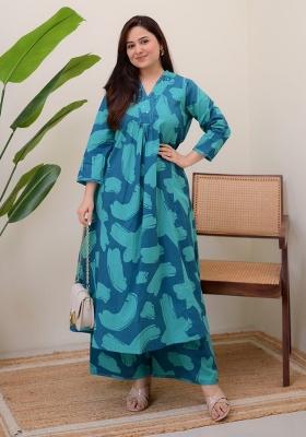 Blue Printed Cotton Kurta Set