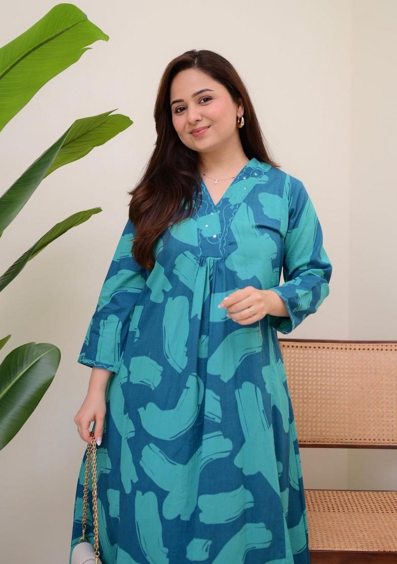 Blue Printed Cotton Kurta Set - Indya