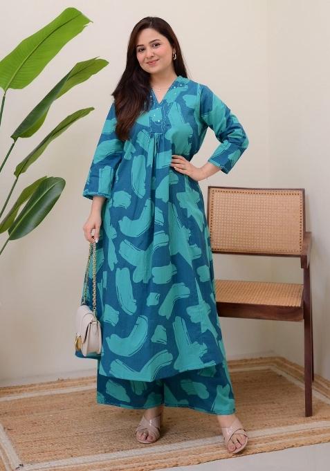 Blue Printed Cotton Kurta Set