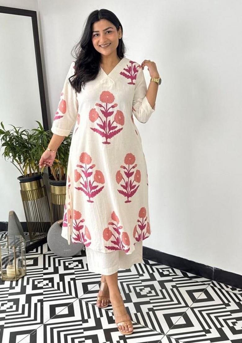 Pink Printed Cotton Kurta Set - Indya