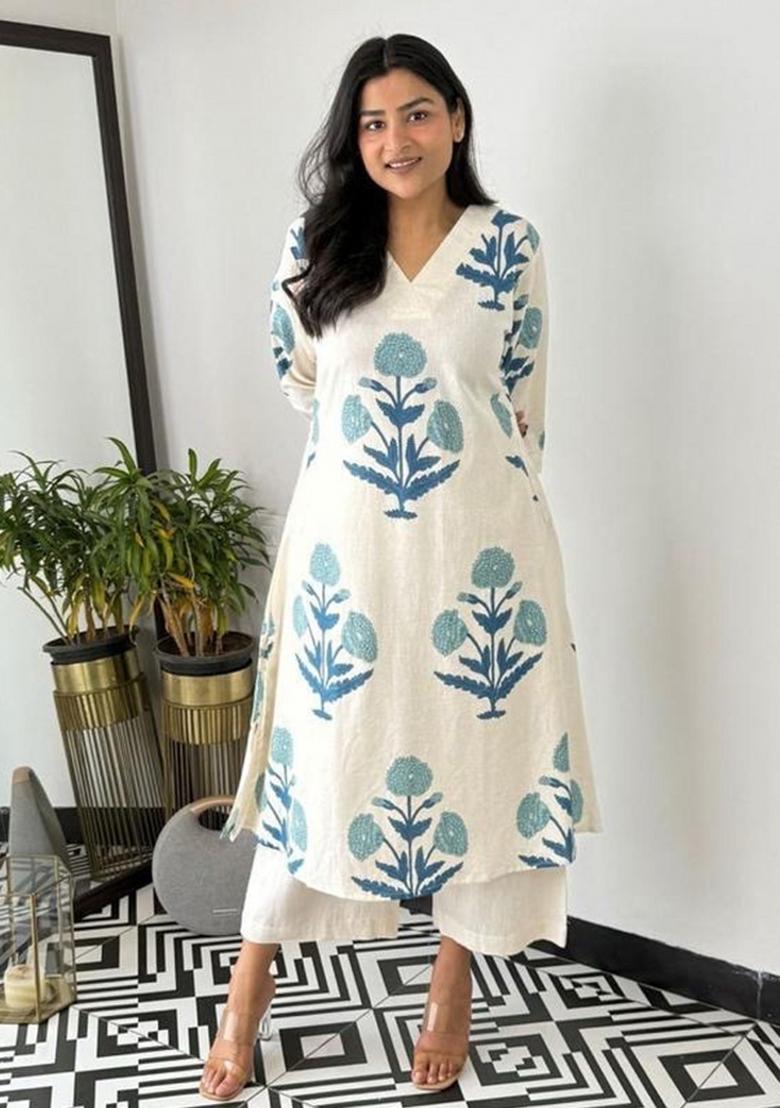 Blue Printed Cotton Kurta Set - Indya