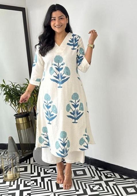 Blue Printed Cotton Kurta Set