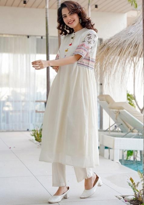 White Embroidered Cotton Kurta Set