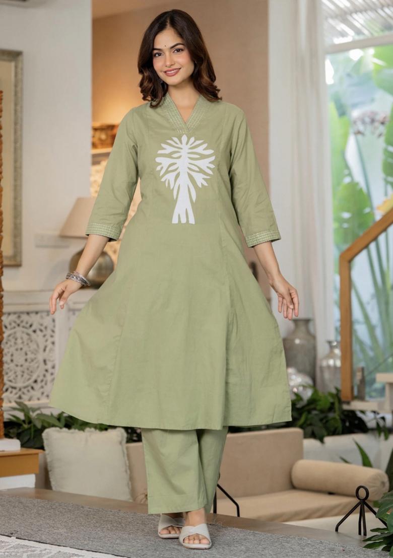 Sea Green Embroidered Cotton Kurta Set - Indya