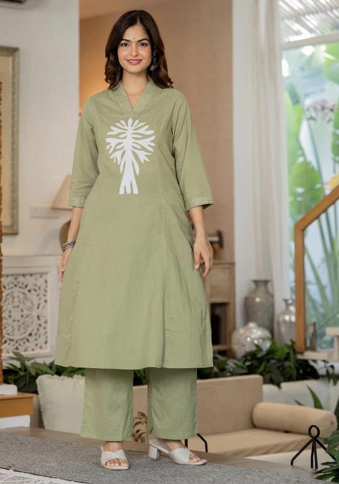 Sea Green Embroidered Cotton Kurta Set