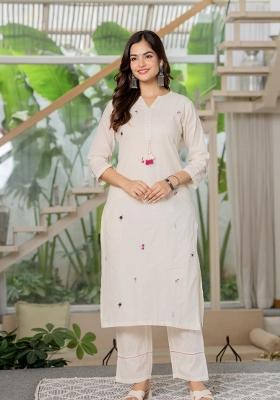 White Embroidered Cotton Kurta Set