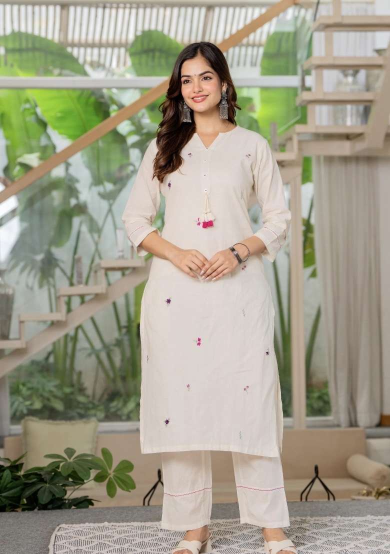 White Embroidered Cotton Kurta Set - Indya