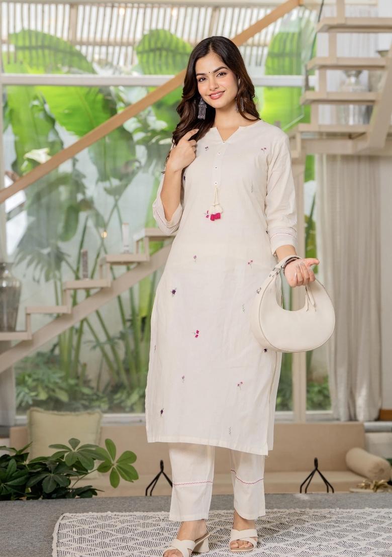 White Embroidered Cotton Kurta Set - Indya
