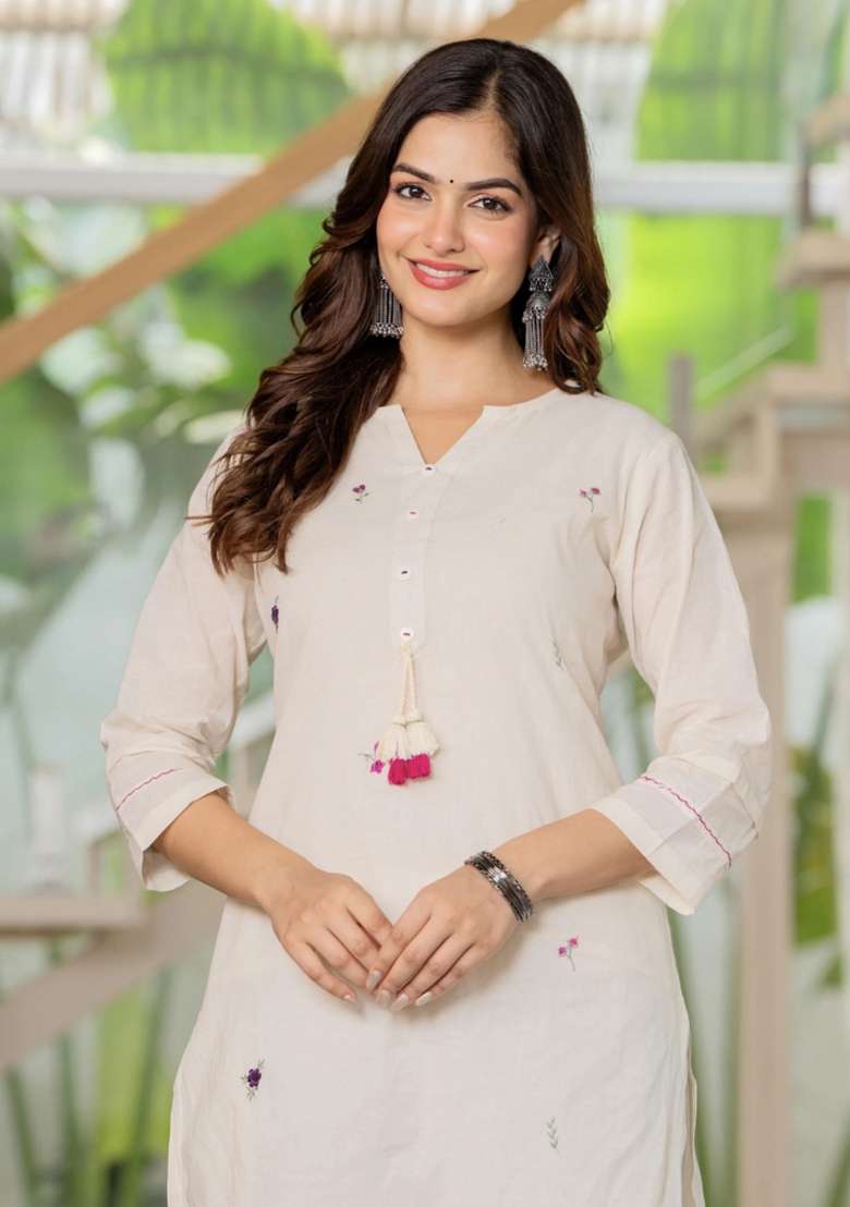 White Embroidered Cotton Kurta Set - Indya
