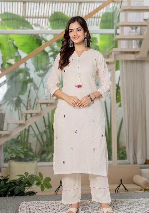 White Embroidered Cotton Kurta Set