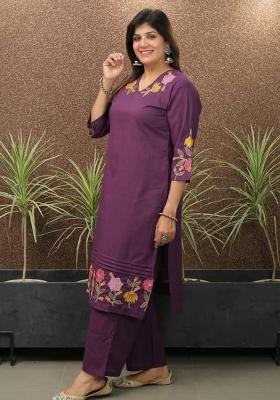 Purple Embroidered Cotton Kurta Set