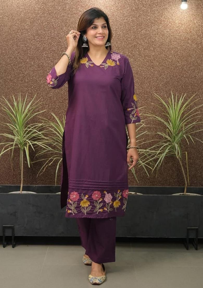 Purple Embroidered Cotton Kurta Set - Indya